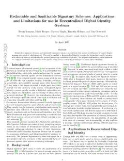 Redactable and Sanitizable Signature Schemes: Applications and
  Limitations for use in Decentralized Digital Identity Systems