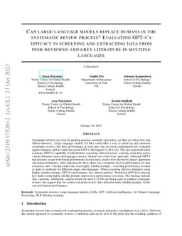 Can large language models replace humans in the systematic review
  process? Evaluating GPT-4's efficacy in screening and extracting data from
  peer-reviewed and grey literature in multiple languages