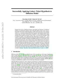Successfully Applying Lottery Ticket Hypothesis to Diffusion Model