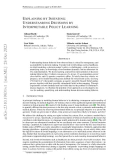 Explaining by Imitating: Understanding Decisions by Interpretable Policy
  Learning