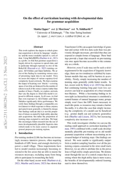 On the effect of curriculum learning with developmental data for grammar
  acquisition