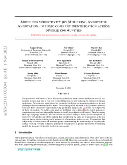 Modeling subjectivity (by Mimicking Annotator Annotation) in toxic
  comment identification across diverse communities