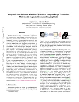 Adaptive Latent Diffusion Model for 3D Medical Image to Image
  Translation: Multi-modal Magnetic Resonance Imaging Study