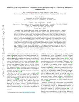Machine Learning Without a Processor: Emergent Learning in a Nonlinear
  Electronic Metamaterial