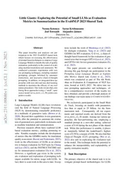 Little Giants: Exploring the Potential of Small LLMs as Evaluation
  Metrics in Summarization in the Eval4NLP 2023 Shared Task