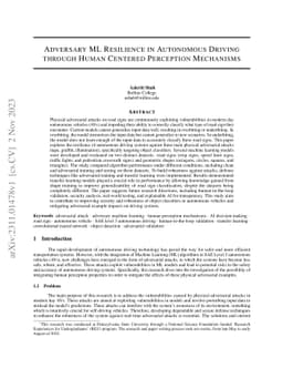 Adversary ML Resilience in Autonomous Driving Through Human Centered
  Perception Mechanisms