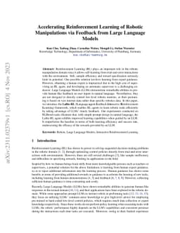 Accelerating Reinforcement Learning of Robotic Manipulations via
  Feedback from Large Language Models