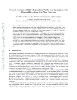 Towards the Impossibility of Quantum Public Key Encryption with
  Classical Keys from One-Way Functions