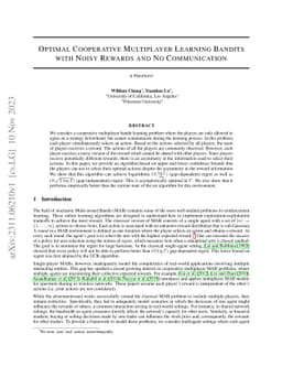 Optimal Cooperative Multiplayer Learning Bandits with Noisy Rewards and
  No Communication