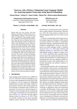 Teach me with a Whisper: Enhancing Large Language Models for Analyzing
  Spoken Transcripts using Speech Embeddings
