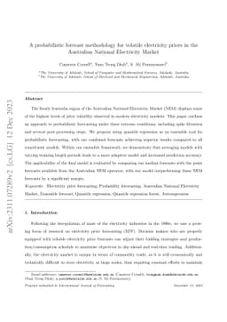A probabilistic forecast methodology for volatile electricity prices in
  the Australian National Electricity Market