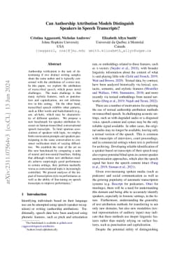 Can Authorship Attribution Models Distinguish Speakers in Speech Transcripts?