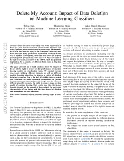 Delete My Account: Impact of Data Deletion on Machine Learning
  Classifiers