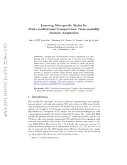 Learning Site-specific Styles for Multi-institutional Unsupervised
  Cross-modality Domain Adaptation
