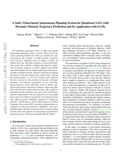 A Safer Vision-based Autonomous Planning System for Quadrotor UAVs with
  Dynamic Obstacle Trajectory Prediction and Its Application with LLMs