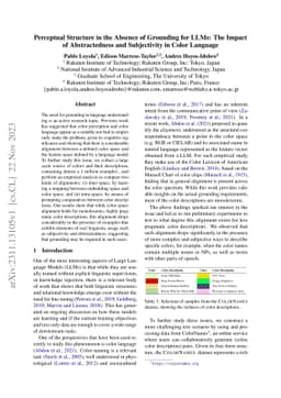 Perceptual Structure in the Absence of Grounding for LLMs: The Impact of
  Abstractedness and Subjectivity in Color Language