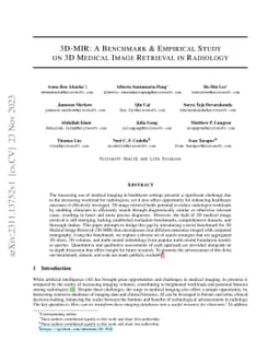3D-MIR: A Benchmark and Empirical Study on 3D Medical Image Retrieval in
  Radiology