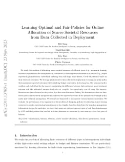 Learning Optimal and Fair Policies for Online Allocation of Scarce
  Societal Resources from Data Collected in Deployment