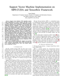 Support Vector Machine Implementation on MPI-CUDA and Tensorflow
  Framework
