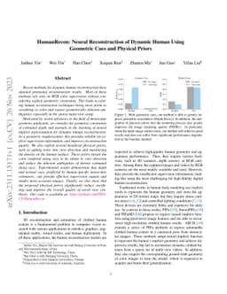 HumanRecon: Neural Reconstruction of Dynamic Human Using Geometric Cues
  and Physical Priors