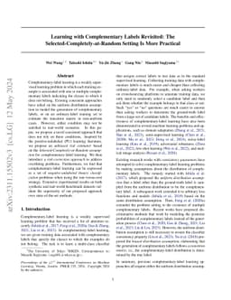 Learning with Complementary Labels Revisited: The
  Selected-Completely-at-Random Setting Is More Practical