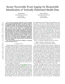 Secure Traversable Event logging for Responsible Identification of
  Vertically Partitioned Health Data