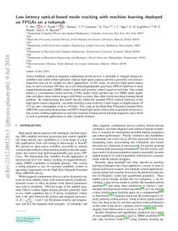 Low latency optical-based mode tracking with machine learning deployed
  on FPGAs on a tokamak