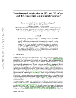 Virtual reservoir acceleration for CPU and GPU: Case study for coupled
  spin-torque oscillator reservoir
