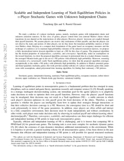 Scalable and Independent Learning of Nash Equilibrium Policies in
  $n$-Player Stochastic Games with Unknown Independent Chains