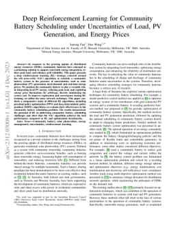 Deep Reinforcement Learning for Community Battery Scheduling under
  Uncertainties of Load, PV Generation, and Energy Prices