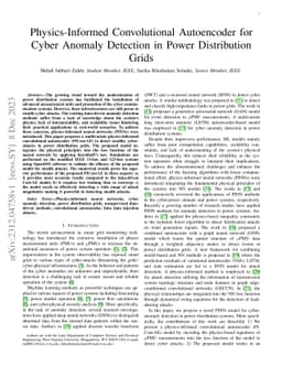 Physics-Informed Convolutional Autoencoder for Cyber Anomaly Detection
  in Power Distribution Grids