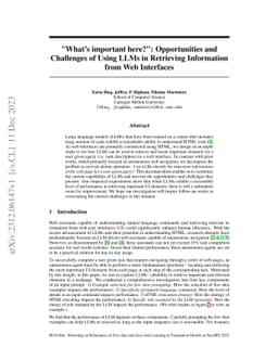 "What's important here?": Opportunities and Challenges of Using LLMs in
  Retrieving Information from Web Interfaces