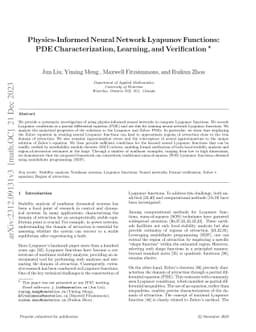 Physics-Informed Neural Network Lyapunov Functions: PDE Characterization, Learning, and Verification