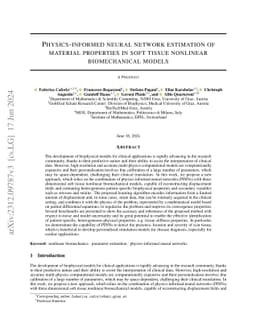 Physics-informed Neural Network Estimation of Material Properties in
  Soft Tissue Nonlinear Biomechanical Models
