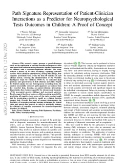 Path Signature Representation of Patient-Clinician Interactions as a
  Predictor for Neuropsychological Tests Outcomes in Children: A Proof of
  Concept
