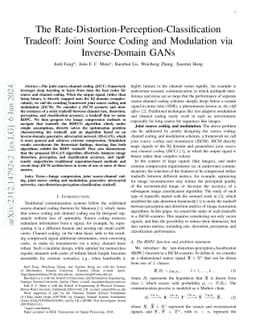 The Rate-Distortion-Perception-Classification Tradeoff: Joint Source
  Coding and Modulation via Inverse-Domain GANs