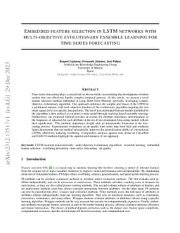 Embedded feature selection in LSTM networks with multi-objective
  evolutionary ensemble learning for time series forecasting