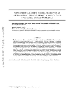 Generalist embedding models are better at short-context clinical
  semantic search than specialized embedding models