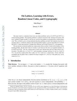 On Lattices, Learning with Errors, Random Linear Codes, and Cryptography