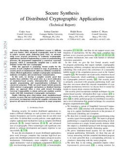 Secure Synthesis of Distributed Cryptographic Applications (Technical
  Report)