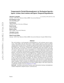 Nonparametric Partial Disentanglement via Mechanism Sparsity: Sparse
  Actions, Interventions and Sparse Temporal Dependencies