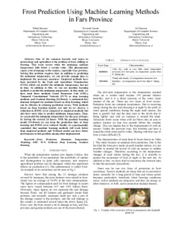 Frost Prediction Using Machine Learning Methods in Fars Province