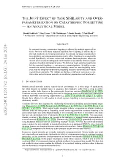The Joint Effect of Task Similarity and Overparameterization on
  Catastrophic Forgetting -- An Analytical Model