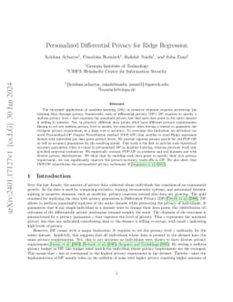 Personalized Differential Privacy for Ridge Regression