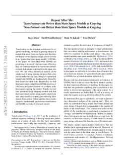 Repeat After Me: Transformers are Better than State Space Models at
  Copying
