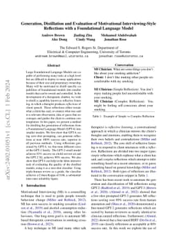 Generation, Distillation and Evaluation of Motivational
  Interviewing-Style Reflections with a Foundational Language Model
