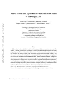 Neural Models and Algorithms for Sensorimotor Control of an Octopus Arm