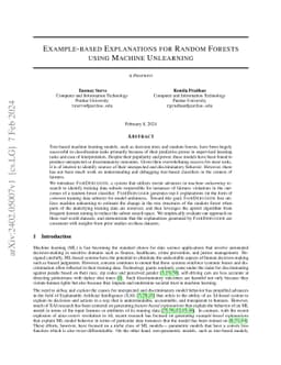 Example-based Explanations for Random Forests using Machine Unlearning