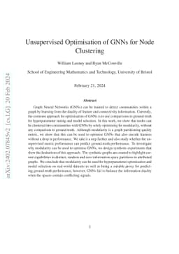 Unsupervised Optimisation of GNNs for Node Clustering
