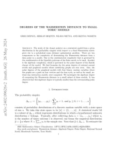 Degrees of the Wasserstein Distance to Small Toric Models